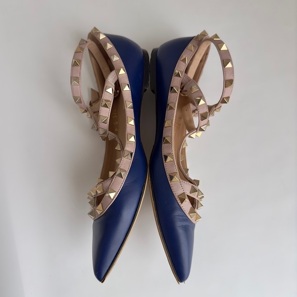 ✨VALENTINO GARAVANI Rockstud Leather Cage Flats Blue Size 37.5 - Picture 9 of 16